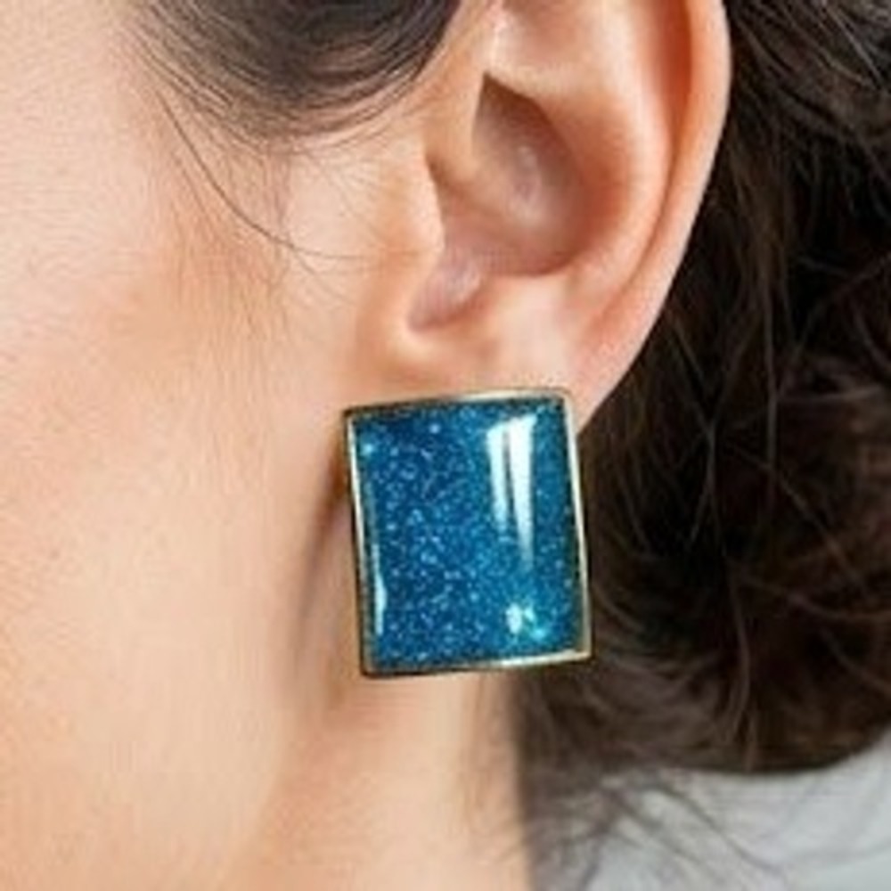 Kenneth Jay Lane KJL Vintage Early Blue Glitter Enamel Gold Filled Clip Earrings